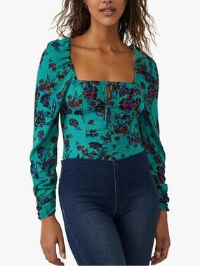 Free People Teal Floral Tie-Front Peasant Top | Size XS |